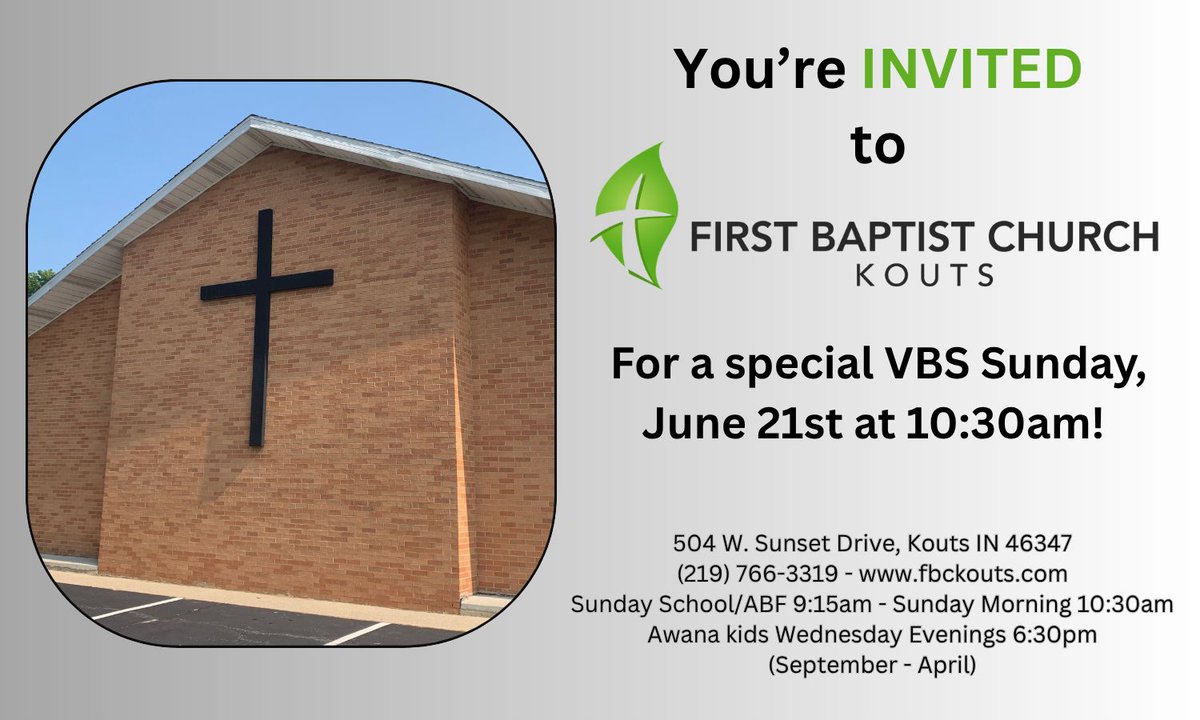 FBCKouts's tweet photo. Happy Father’s Day &amp; VBS Sunday at FBC Kouts!

Tomorrow we’re celebrating the dads, moms, and every grown‑up who showed up this week to help their kids meet Jesus. 

🕘 Sunday School &amp; Adult Bible Fellowship – 9:15 AM
🕥 Worship Service – 10:30 AM

We’d love to see you there! https://t.co/AU4iCSd0SW