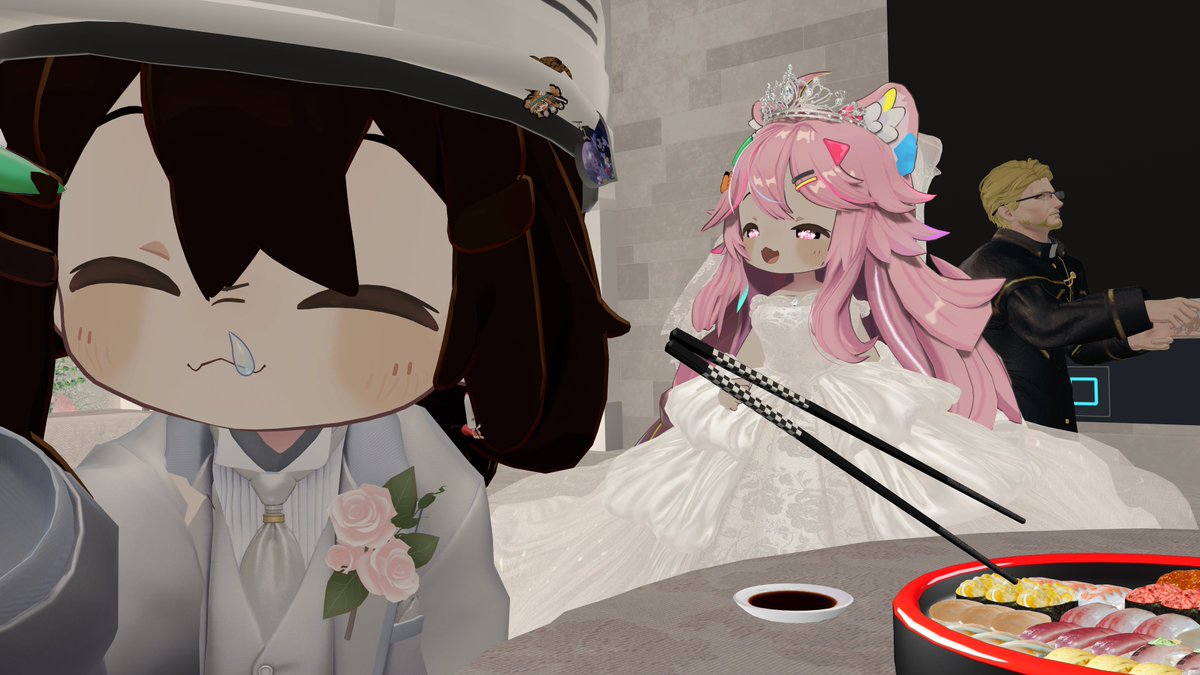 BSP_DollxGame's tweet photo. 披露宴もあったよ！
2人は出会った時の姿にお色直ししてました
まめまめしてて可愛いね☺️(？)

スピーチしてるとこ

大好きなお寿司を幸せそうに食べてるミッチー
タキさんの鼻から水が出てるように見えるのは気のせい←

初VRC結婚式楽しかったしお祝い出来て嬉しかった！
開いてくれてありがとね☺️ https://t.co/d3nYawgTcV