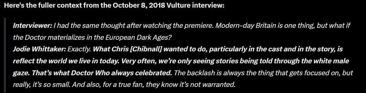 MedusaCascade7's tweet photo. @thephantom76 @natexhaunted @DoctorWhoPN She mentioned that maybe once, why are you so hung up about it? Actually here it is... the full quote. Can you find another where complained about 'male gaze'? Go on. You are being disingenuous and she has consistently been respectful to fans. https://t.co/hpJlxSu8Jl
