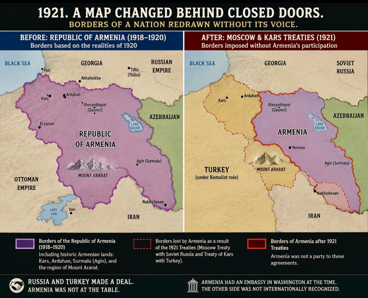 MariamErgric's tweet photo. 1921. 
A map changed behind closed doors.

Armenia’s borders were ILLEGALLY redrawn without its voice.
Mount Ararat🙏. Kars. Ardahan. Surmalu.

Russia and Turkey made ‘a deal’. https://t.co/9qW9JHUHcp