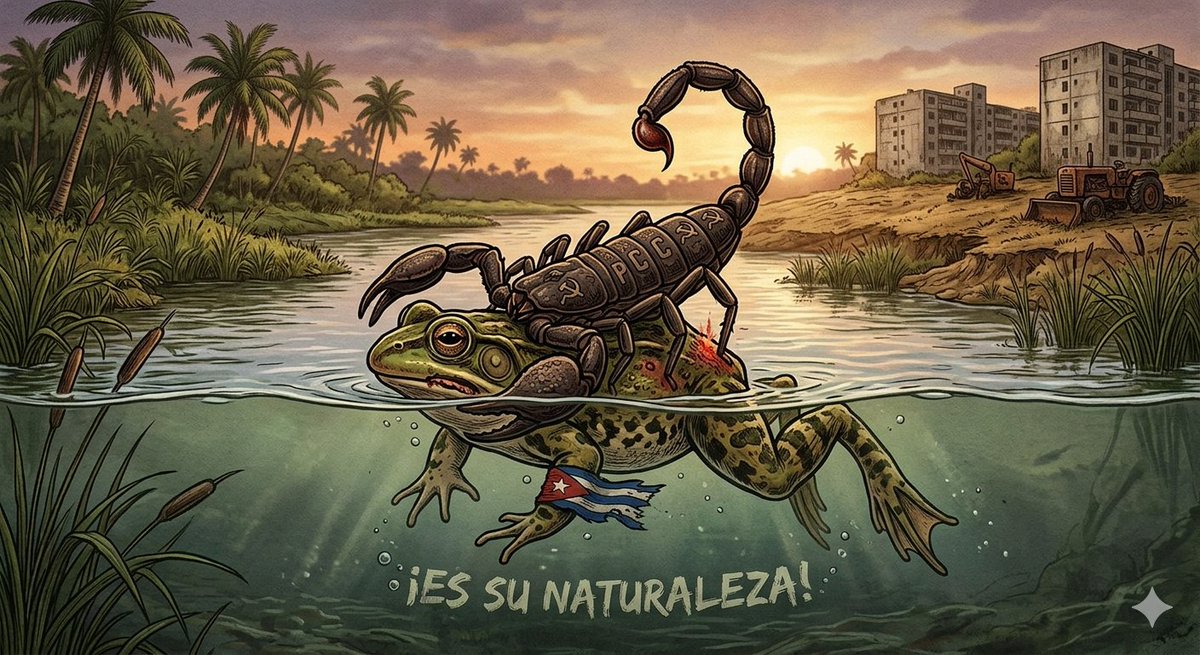 damcuba's tweet photo. @MarioJPenton Esto es volver a vivir la fábula del Alacrán, el que caiga en la trampa de invertir, le volvera a picar, es la naturaleza del #PCCgenocida 

#CubaEsUnaDictadura https://t.co/pbvhATuQ62
