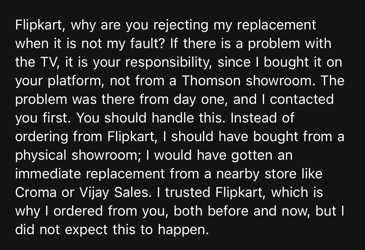 ablajitkumar's tweet photo. Dear @flipkartsupport please process my replacement as soon as possible. If you are unable to do the replacement, I will take legal action, and I will file a case in consumer court, because neither @ThomsonTvIndia nor Flipkart is providing me any support @jaagograhakjago https://t.co/yUpEiP8kcD