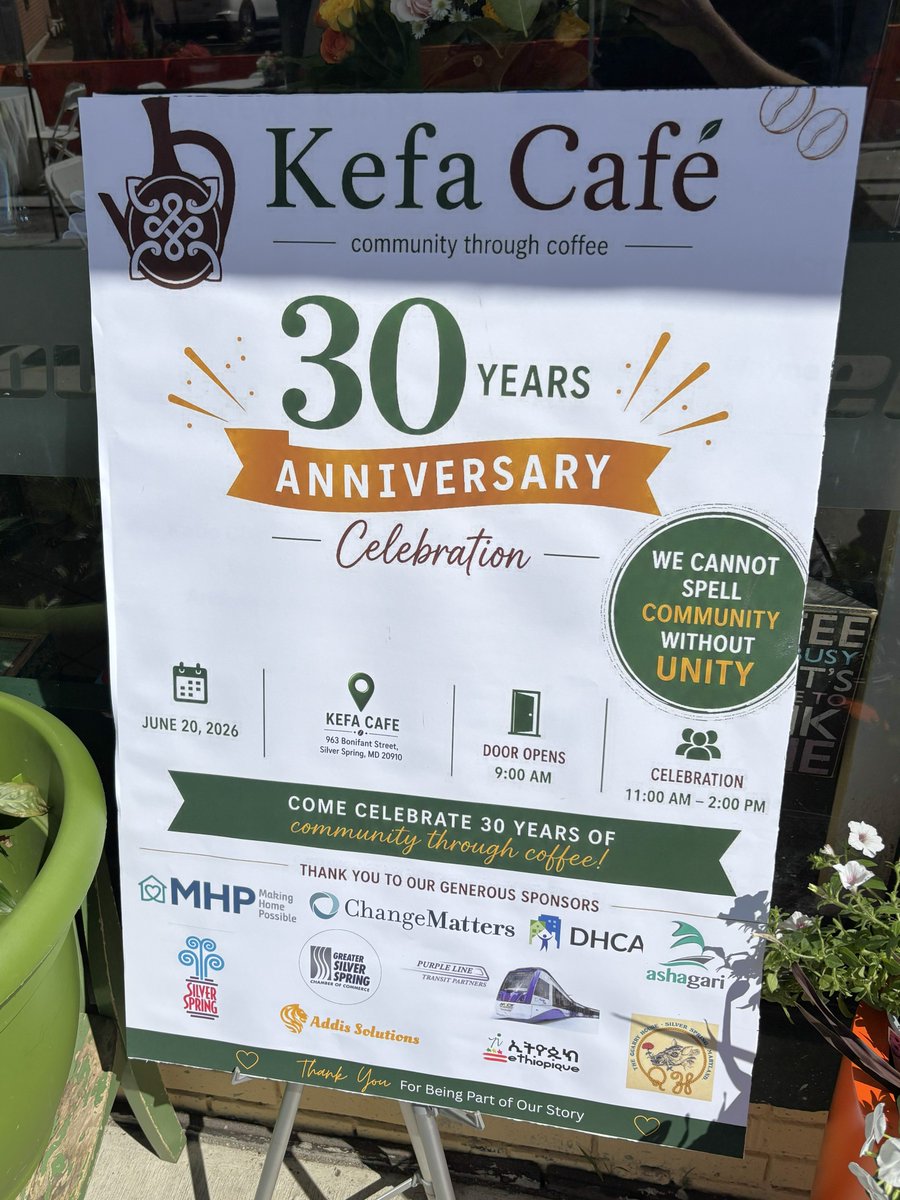MCGMDDHCA's tweet photo. Congratulations to Kefa Cafe on 30 years serving Silver Spring! County Executive Elrich joined the community celebration today. DHCA recently partnered with Kefa Cafe and @MHPartners to fund exterior improvements through our Countywide Façade Improvement Program. https://t.co/ka1SG7MqyE