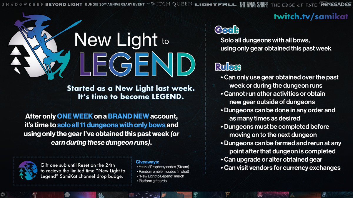 samikatplays's tweet photo. 🔆New Light to Legend: Dungeon Runs start TODAY!!!🏹

It's been a week since the event started and it's been a crazy experience relearning the game as a New Light. Now it's time to become Legend doing what I'm most known for in the community: All-Bow Solo Dungeons! 

I'll be attempting all 11 dungeons with only the gear I've obtained this past week, but I only have until the 24th at Reset to get as many done as possible.

There will be giveaways, and YOU CAN STILL GET THE LIMITED EDITION CHANNEL BADGE by gifting one sub up until Reset on the 24th.