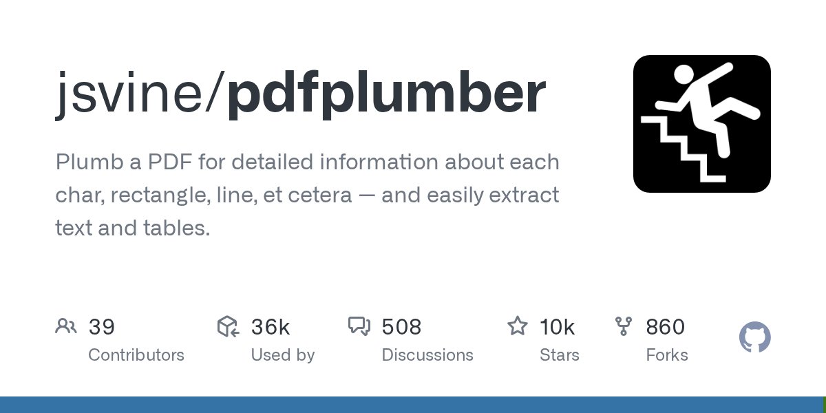 iterativeguy's tweet photo. pdfplumber is a Python library that helps you extract detailed information from PDFs. 

https://t.co/uUuaXQBTpR

It allows you to 'plumb' a PDF for data about each character, rectangle, line, and more, making it straightforward to extract text and tables. With its robust features, pdfplumber is an excellent choice for anyone needing to programmatically access and analyze PDF content.