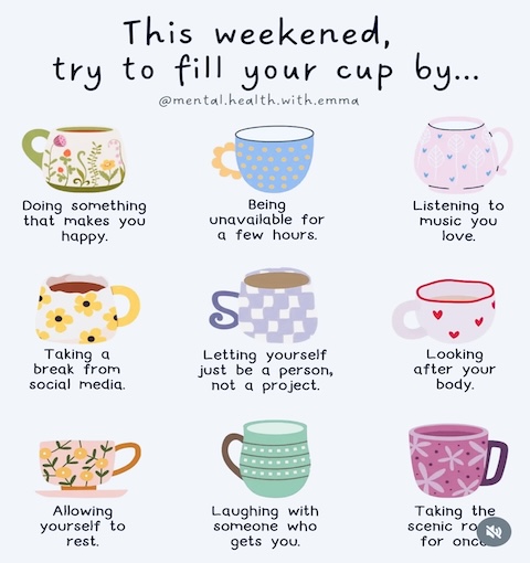 KindnessChamps's tweet photo. "Almost everything will work again if you unplug it for a few minutes, including you."Anne Lamott
Happy weekend everyone🥰
Take a moment (or lots of moments) to fill your cup💝
Credit #mental.health.with.emma & #onewordwellness IG😊
#weekend #fillyourcup #selfcare #loveyou❤️ https://t.co/5HcQDhxUho
