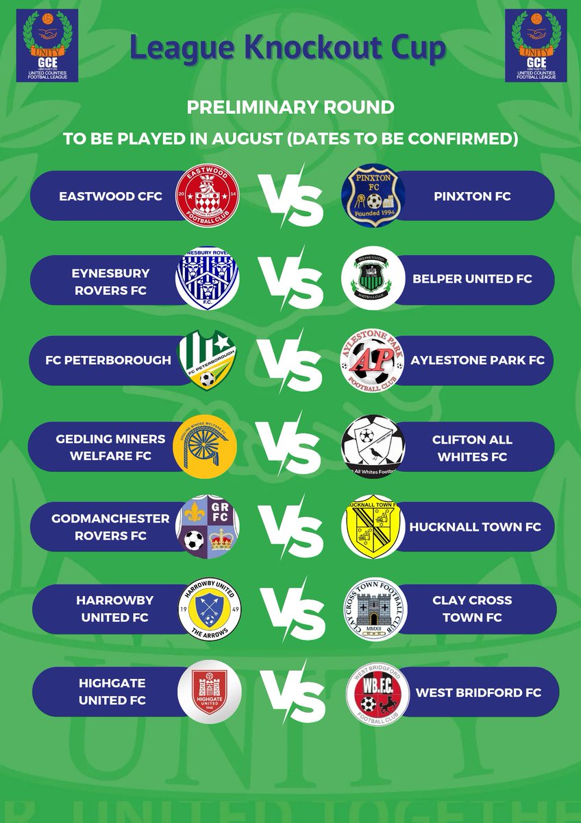 utdcos's tweet photo. 🏆League Cup draw🏆

Here is today's Cup Draw in full ⬇️

Last year's winners @fc_moulton &amp; @ONChenecksFC1
@LeicNirvana @Dunkirk_FC
&amp; @FcStratford all recieve byes into the next round 

@GCEHireFleet https://t.co/tHWPX2NGG4