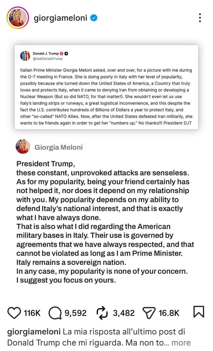 sidhant's tweet photo. "My popularity is none of your concern", Italian PM Meloni hits back after Trump restates claim on alleged G7 photo claim https://t.co/kbaFXE2gml