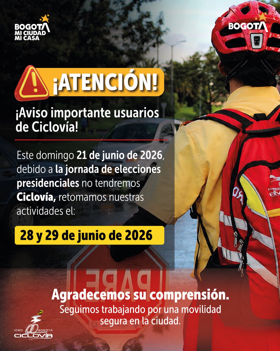 IDRD's tweet photo. ¡Atención usuarios de la Ciclovía! 🚨

Este domingo 21 de junio de 2026, debido a la jornada de elecciones presidenciales, NO tendremos Ciclovía en la ciudad. 

¡Pero no te preocupes! Agéndate desde ya porque retomaremos nuestras actividades habituales el 28 y 29 de junio.

Agradecemos tu comprensión. Seguimos trabajando por una movilidad segura en la ciudad. 🚲💛

#AquíSíPasa, Bogotá, mi ciudad, mi casa.