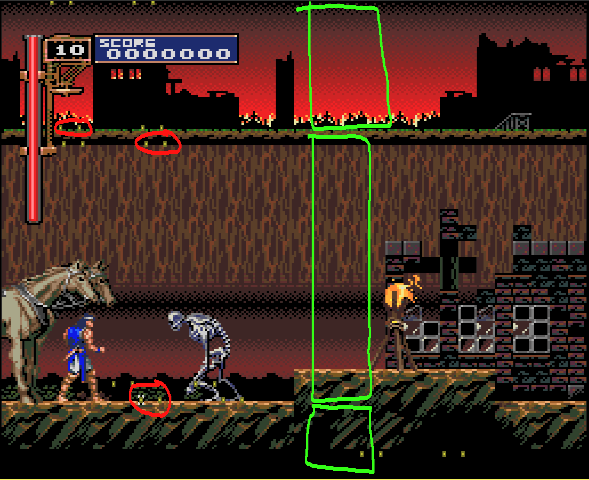 turboxray's tweet photo. #pcengine #rondo #turbografx
 If you ever looked at PC-Engine Rondo of Blood at TCRF, you probably know about the lizard-dragon mini-boss thing hidden in the first level - the assets at least (sprites and tiles). All the pieces for it are loaded in vram. I found it back in 2008. And multiple other people also independently found this too haha.

 But no one has dug deep enough to see if the game logic is still connected to it and if so, how do you trigger it? 

 Well, this weekend I found some more interesting things - more pieces for it that aren't documented.  

 First pic is the palette data and tiles that were over looked. The small row of tiles circled in the first pic? Those are ACTIVE and always animating as you scroll the level (called "dynamic" tiles.. used to create a separate scrolling layer). Here's the crazy thing - they are a separate set than the normal ones used in for BG layer.. so there' no actual need to update VRAM for them.. but yet the game does. And the palettes circled on the left of the image? Those ONLY pertain to the Drizzard boss/thing. They are not used for anything BUT the boss and they are specifically for those dynamic "parallax" tiles. There's even a clone set to the right of it, that doesn't animate.

 The second image: is the screen splits for the 1-1 stage. Top level, mid section, and bottom. But.. the bottom doesn't scroll at a different speed.. exactly! But the split is still there along with it's own scroll value, and if the boss was working, it would have provided a way for the boss, who sits on top of this - to scroll against those dynamic tiles.

 So basically, there's a lot more hooked for that boss that we had originally realized. I mean, leaving the RCR split, large block of palettes, always updating vram of the dynamic tiles for the faux layer? That's a lot of leave hooked up.. just to be omitted.