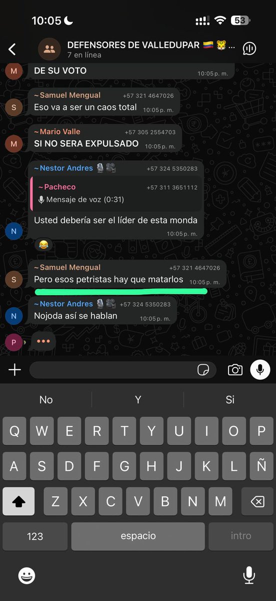 ColResiste's tweet photo. #Atención: Nos han llegado imágenes de un grupo de WhatsApp de abelardistas en Valledupar organizando lo que sería una matanza de civiles seguidores del presidente Gustavo Petro. En el grupo se observan armas largas a disposición para ser usadas el día de mañana. https://t.co/oedb1BS8Tr