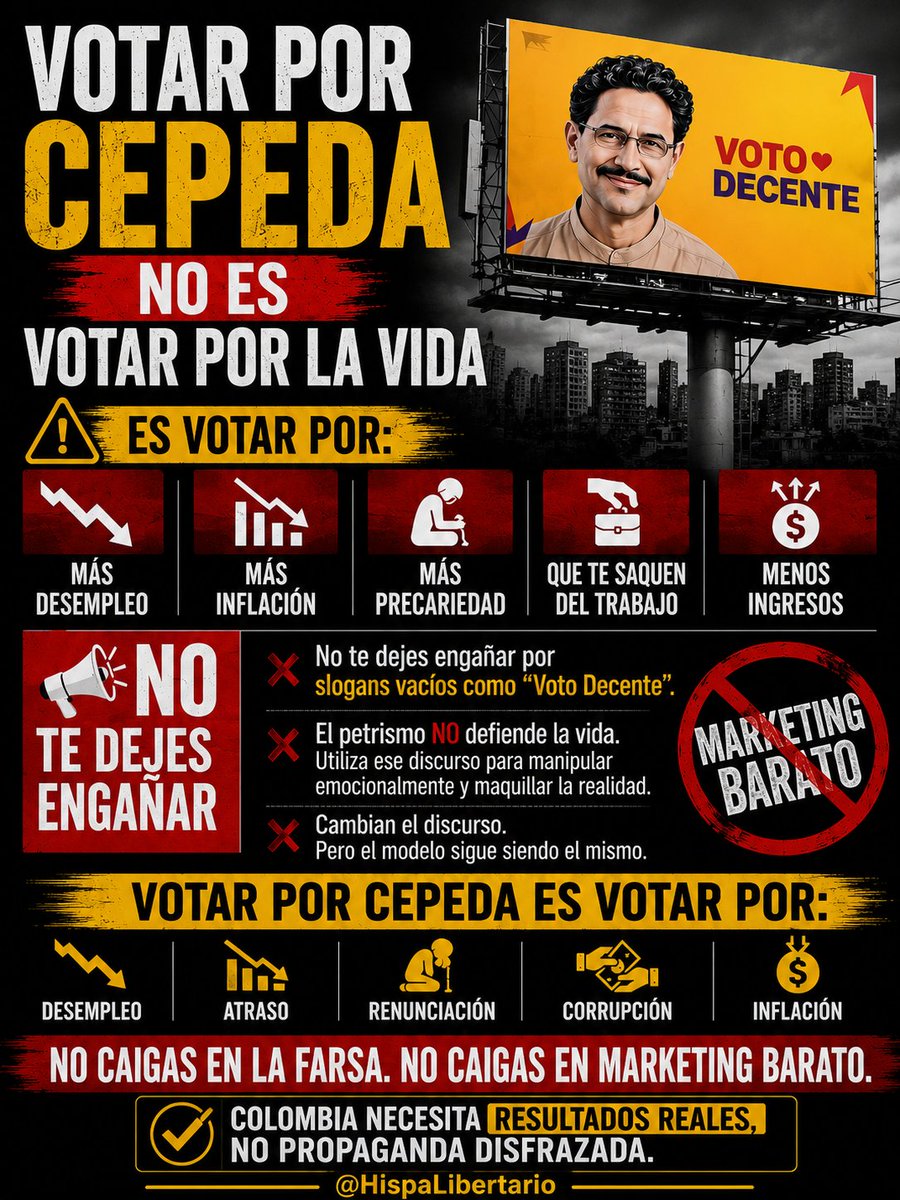 ayaerazora's tweet photo. No basta con frases bonitas o mensajes publicitarios bien diseñados. Lo verdaderamente importante son los resultados, la gestión y el impacto real sobre el país.

Preguntémonos con honestidad: ¿Estamos mejor en empleo, seguridad, economía y calidad de vida?

Analicemos con criterio.
El futuro de Colombia merece decisiones responsables.

#Colombia #Elecciones2026 #HispaLibertario #BatallaCultural #Libertad