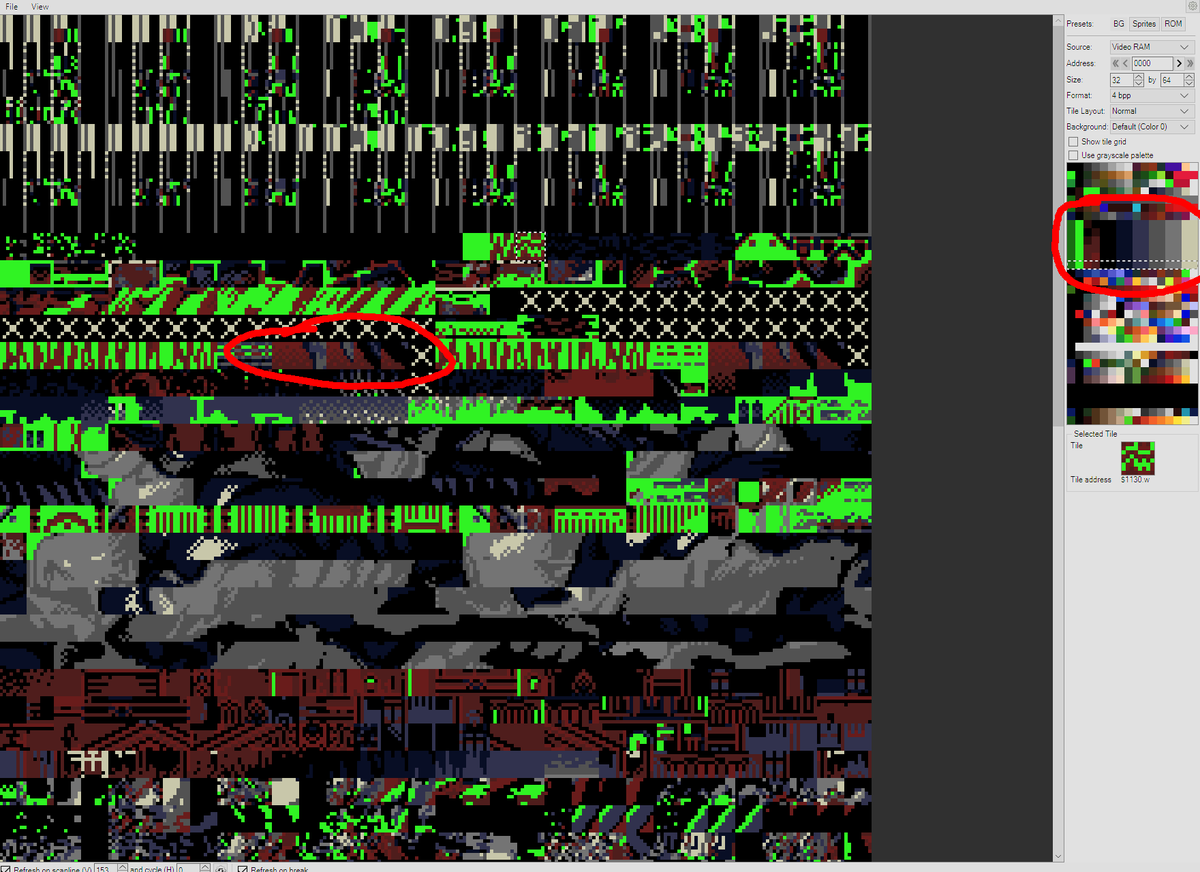turboxray's tweet photo. #pcengine #rondo #turbografx
 If you ever looked at PC-Engine Rondo of Blood at TCRF, you probably know about the lizard-dragon mini-boss thing hidden in the first level - the assets at least (sprites and tiles). All the pieces for it are loaded in vram. I found it back in 2008. And multiple other people also independently found this too haha.

 But no one has dug deep enough to see if the game logic is still connected to it and if so, how do you trigger it? 

 Well, this weekend I found some more interesting things - more pieces for it that aren't documented.  

 First pic is the palette data and tiles that were over looked. The small row of tiles circled in the first pic? Those are ACTIVE and always animating as you scroll the level (called "dynamic" tiles.. used to create a separate scrolling layer). Here's the crazy thing - they are a separate set than the normal ones used in for BG layer.. so there' no actual need to update VRAM for them.. but yet the game does. And the palettes circled on the left of the image? Those ONLY pertain to the Drizzard boss/thing. They are not used for anything BUT the boss and they are specifically for those dynamic "parallax" tiles. There's even a clone set to the right of it, that doesn't animate.

 The second image: is the screen splits for the 1-1 stage. Top level, mid section, and bottom. But.. the bottom doesn't scroll at a different speed.. exactly! But the split is still there along with it's own scroll value, and if the boss was working, it would have provided a way for the boss, who sits on top of this - to scroll against those dynamic tiles.

 So basically, there's a lot more hooked for that boss that we had originally realized. I mean, leaving the RCR split, large block of palettes, always updating vram of the dynamic tiles for the faux layer? That's a lot of leave hooked up.. just to be omitted.