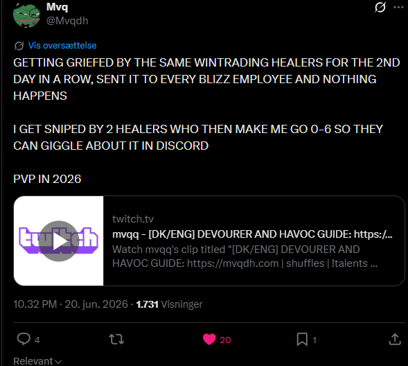 Infernionwow's tweet photo. There's a massive problem in EU PvP that's been going on for years.

Harassment, threats, griefing and wintrading. The same people queuing day after day just to ruin the game for others.

Please help. @WatcherDev @TheWindstalker @BlizzardCSEU_EN https://t.co/Qst3i2Fskk