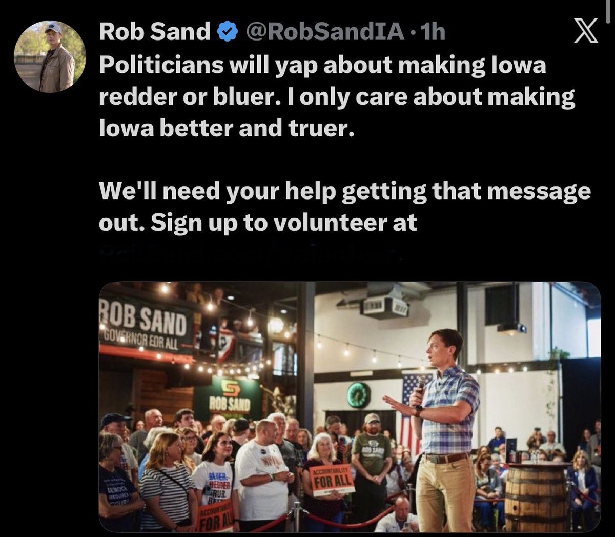 jackson_gaul's tweet photo. This is quiet literally the definition of Bumper Sticker Politics. 

Can say it, but does he really mean it. Rob Sand is a radical left politician disguising himself as a moderate. 

Sand wants to turn Iowa into states like Minnesota, California and Illinois. 

#IowaFirst #LFG https://t.co/dWis3VePxu