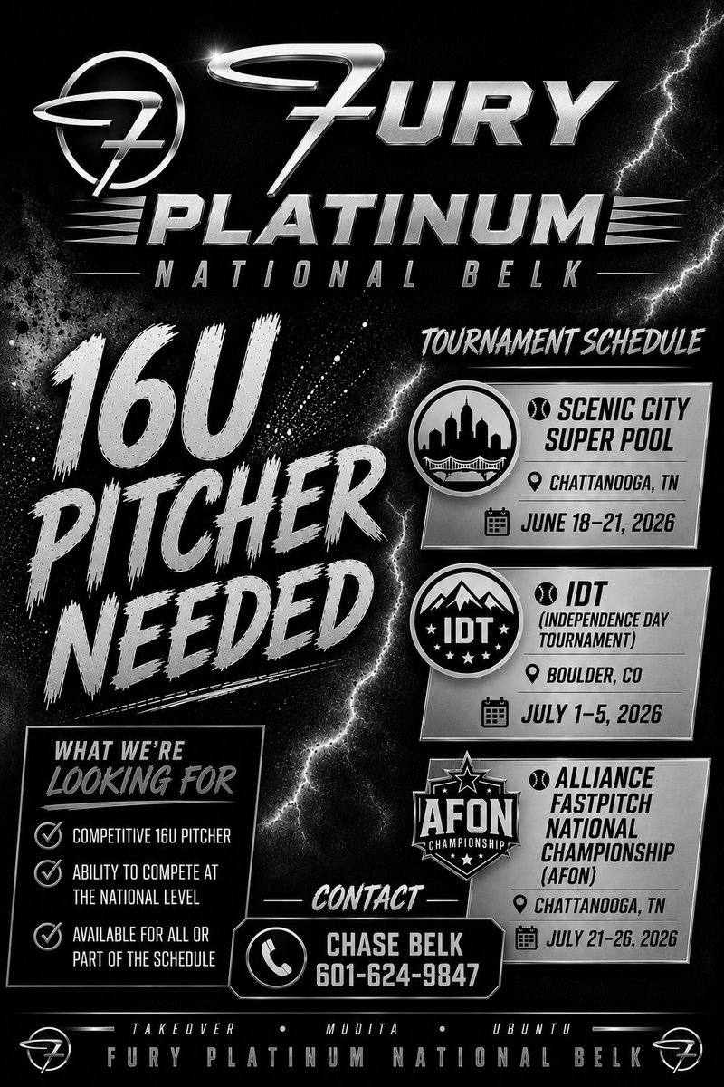 FuryPlatNatBelk's tweet photo. Searching for a pitcher for IDT in Boulder Colorado July 1-5 reach out asap if interested https://t.co/B4v1kAfANH