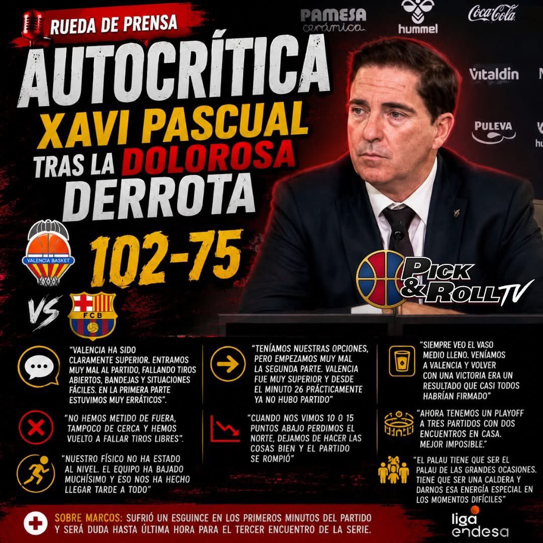SalvatoRRR_OMG's tweet photo. 🎙️ Xavi Pascual hizo autocrítica tras la contundente derrota del Barça ante Valencia Basket y reconoció la superioridad taronja durante gran parte del encuentro.

🗣️ “Valencia ha sido claramente superior. Entramos muy mal al partido, fallando tiros abiertos, bandejas y situaciones fáciles. En la primera parte estuvimos muy erráticos”.

El técnico azulgrana señaló el inicio del tercer cuarto como el momento que marcó definitivamente el choque:

➡️ “Teníamos nuestras opciones, pero empezamos muy mal la segunda parte. Valencia fue muy superior y desde el minuto 26 prácticamente ya no hubo partido”.

Pascual también lamentó la falta de acierto ofensivo y el bajón del equipo cuando el rival abrió diferencias en el marcador:

❌ “No hemos metido de fuera, tampoco de cerca y hemos vuelto a fallar tiros libres”.

📉 “Cuando nos vimos 10 o 15 puntos abajo perdimos el norte, dejamos de hacer las cosas bien y el partido se rompió”.

Además, apuntó al aspecto físico como uno de los problemas de la noche:

🏃 “Nuestro físico no ha estado al nivel. El equipo ha bajado muchísimo y eso nos ha hecho llegar tarde a todo”.

Pese al duro resultado, el entrenador del Barça quiso lanzar un mensaje de optimismo de cara a lo que queda de serie:

💬 “Siempre veo el vaso medio lleno. Veníamos a Valencia y volver con una victoria era un resultado que casi todos habrían firmado”.

🏟️ “Ahora tenemos un playoff a tres partidos con dos encuentros en casa. Mejor imposible”.

Por último, hizo un llamamiento a la afición azulgrana para los próximos partidos en Barcelona:

🔥 “El Palau tiene que ser el Palau de las grandes ocasiones. Tiene que ser una caldera y darnos esa energía especial en los momentos difíciles”.

🚑 Sobre Juani Marcos, confirmó que sufrió un esguince en los primeros minutos del partido y será duda hasta última hora para el tercer encuentro de la serie.

#LigaEndesa #BarçaBasket #XaviPascual