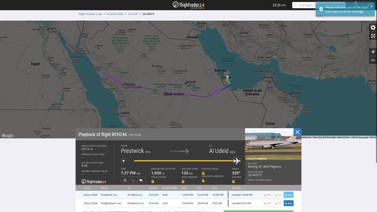AIYeyENGDdJkjTr's tweet photo. June 21, 2026
#McGuire Air Force Base #Prestwick ==> #Al-Udeid Air Base 

#RCH246 #AE63B5 USAF KC-46A Pegasus https://t.co/orJukVYt4E