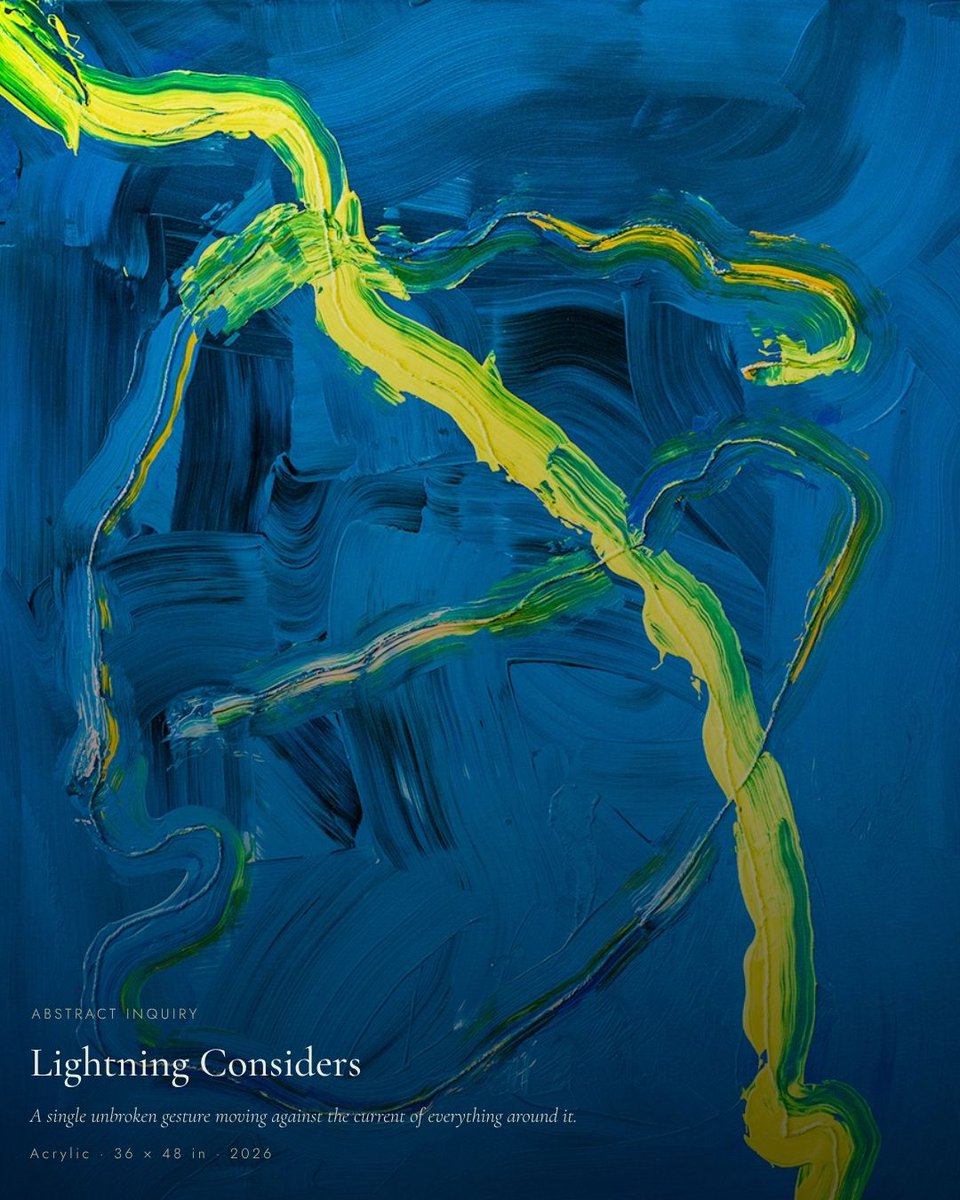 ritu's tweet photo. Lightning doesn't strike.
It considers.
One unbroken gesture. One decision. A tidal blue field that doesn't move aside.
Lightning Considers · Abstract Inquiry · Acrylic · 36 × 48 in · 2026
https://t.co/FPGi5Zz8g3
#artthatlistens #abstractart #newwork2026 https://t.co/IcGtkn9XJp