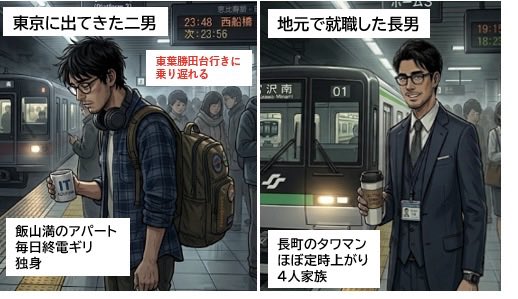 yutmomaizly's tweet photo. 【東北兄弟は差が出るもの　パターン１】
❶兄貴→地元王道のエリートコース全う中
長町マンション19時帰宅、家族団欒
❷弟くん→大学から首都圏。彼女なし。船橋郊外のアパート。都会民なりきれん。泉の実家、3年帰ってない。
❸親に素直兄貴、それに嫌気さす弟くん
#東北　#兄弟　#仙台　#フィクション