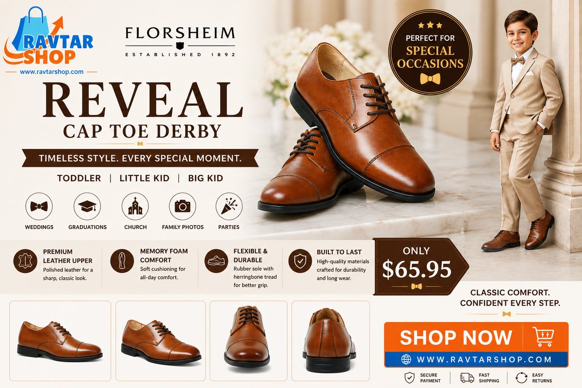 RavtarShop's tweet photo. Sharp style for little gentlemen 👞✨
The Florsheim Reveal Cap Toe Derby is perfect for weddings, graduations, church, parties, and family photos. Shop now at https://t.co/67jRzfYeuh

#KidsDressShoes #BoysFormalShoes #SpecialOccasionStyle #WeddingStyleForKids #LittleGentleman #KidsFashion #RavtarShop #DressShoes #FamilyPhotoStyle #BoysStyle