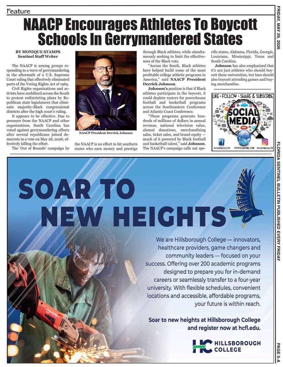 HillsbrghNAACP's tweet photo. 📰 Thank you to our media partner, @FlSentinelB "Cover + @NAACP Encourages Athletes to Boycott Schools in Gerrymandered States p5-A, 5-29-26" 🌐 Check out the Online Digital Interactive Ed https://t.co/w7mhXwUG7K📱 #ALLIN #KeepAdvancing @usfnaacp @TeenRiotFL https://t.co/Jzw8itOJal