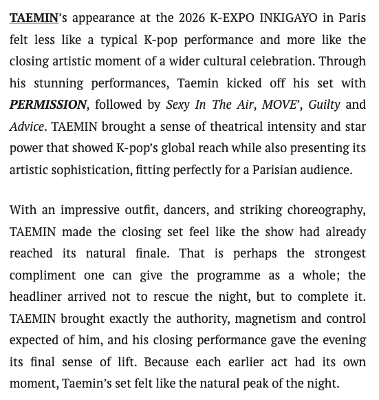 taemneegirly's tweet photo. Great review of 2026 K-EXPO INKIGAYO in Paris and well deserved words of praise for Taemin ♥️
@Taemin_Xoalsox_ 
#TAEMIN #태민 https://t.co/usahjWAG7b