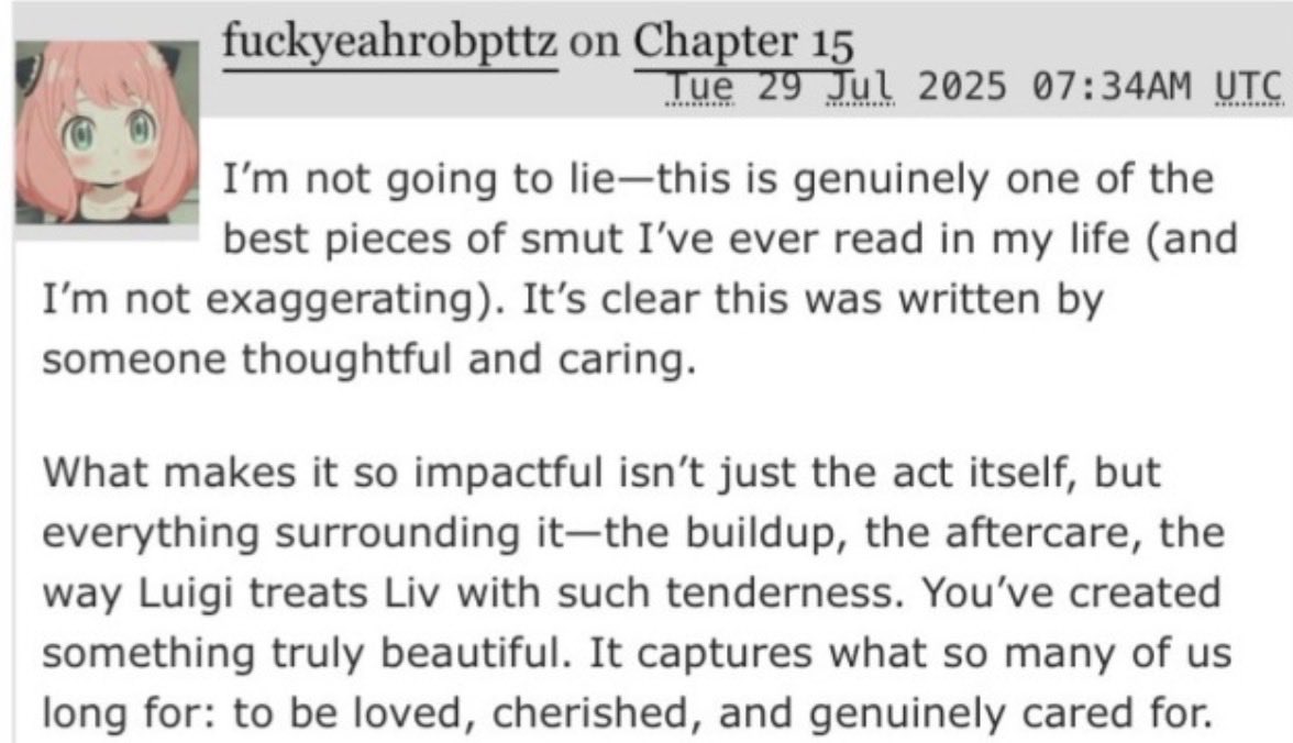 rickulaa666's tweet photo. Hard to take a lecture on 'reality' from a hypocrite who writes essays praising the aftercare in a degenerate Luigi smut fic. Don't leave a trail if you want to police the internet folks https://t.co/dk0qXGUWwX