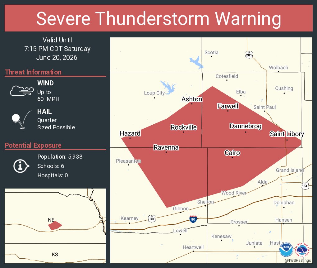 NWSHastings's tweet photo. Severe Thunderstorm Warning continues for Ravenna NE, Cairo NE and  Dannebrog NE until 7:15 PM CDT https://t.co/yE0cstu14P