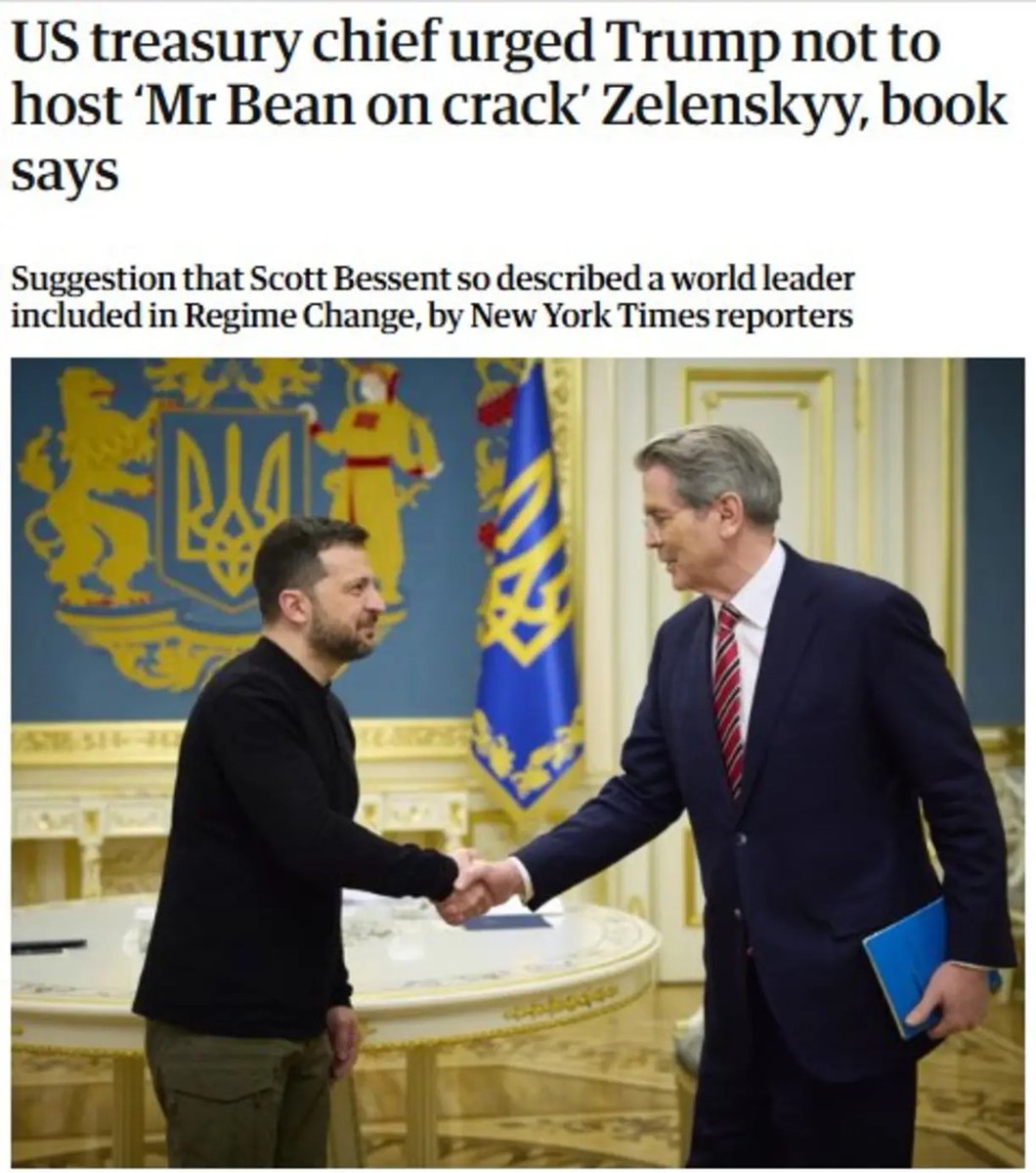Glenn_Diesen's tweet photo. "I’ve dealt with this little fucker... He’s tricky. He’s like the special-needs child for the Europeans. And he’s acting like Mr Bean on crack.”
- US Treasury Secretary Scott Bessent warning Trump against Zelensky
https://t.co/G10U6nwiKH https://t.co/KFUL4mXzcz