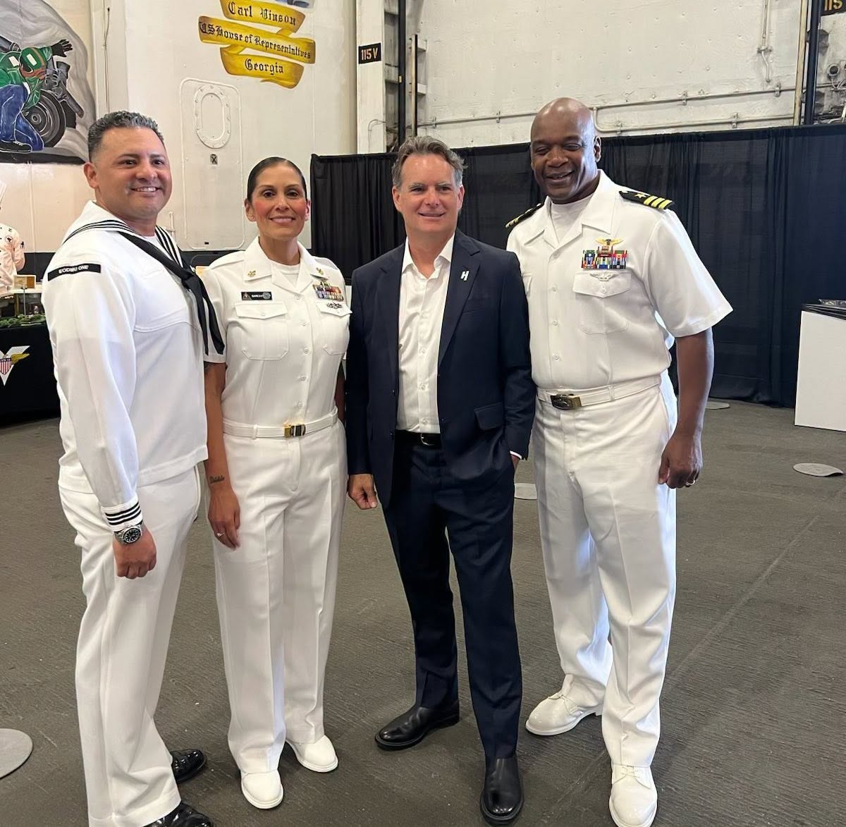 JGinfo's tweet photo. Jeff Gordon attended the #NASCAR reception on board the USS Carl Vinson on Friday at @CoronadoNavy. Gordon will be the guest analyst during Sunday's @PrimeVideo broadcast of the Cup series race on the street circuit at the naval base. https://t.co/hmlzuyvVHA