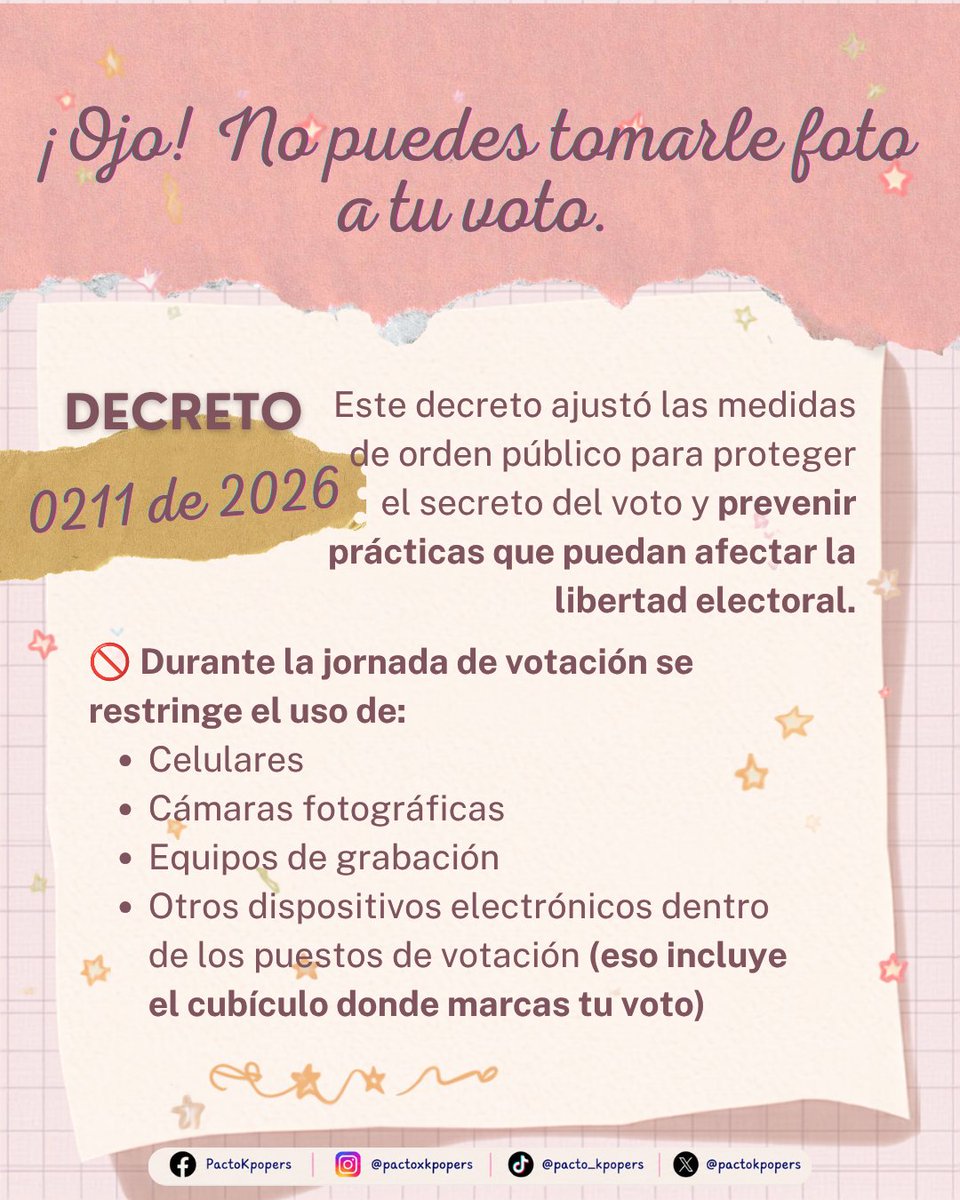 PactoKpopers's tweet photo. ¡Te dejamos una guía rápida y práctica para que votes mañana! Léela detalladamente para que tu voto sea válido, seguro y recuerda… QUE RIME Y QUE SE PUEDA🫰🏽💖

#kpopersconelpacto #colombiaconcepeda #melajuegoporlavida #votodecente #eleccionescolombia2026 https://t.co/JmEAauZs9g