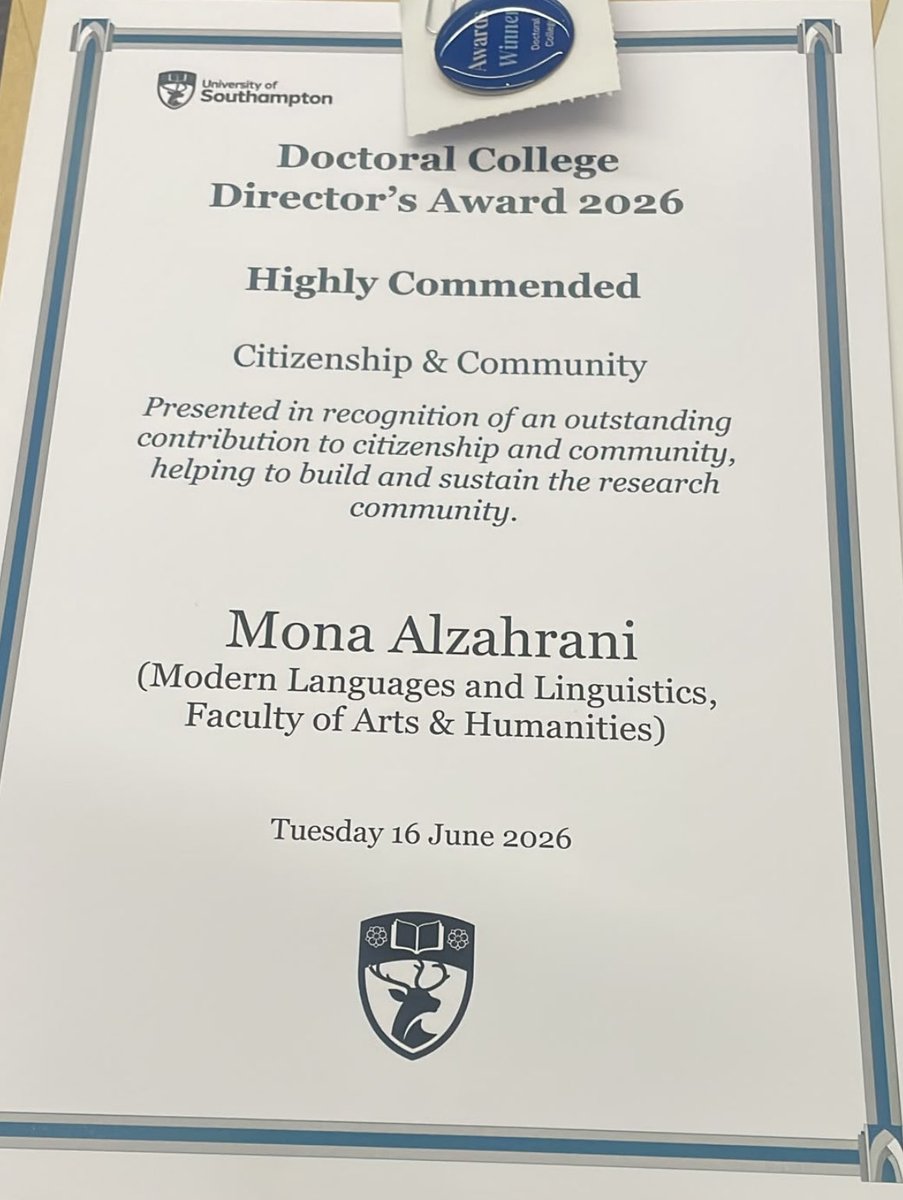 monayousefalza1's tweet photo. I’m delighted to share that our LCL PGR group, led by Prof. Adriana Patino, received the Doctoral College Award 2026. Congratulations to my colleagues, and thank you to the Doctoral College, University of Southampton, for the support.
@APatino_soton
@ModernLangs
@HumanitiesUoS https://t.co/ikLCsOTVAe