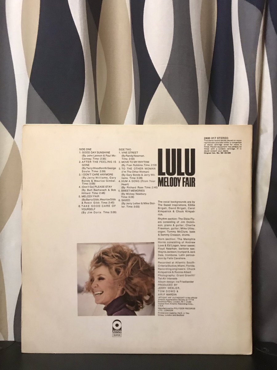 morrie_m's tweet photo. 前作の『NEW ROUTES』に続くLuluの米国南部録音第2弾『MELODY FAIR』、1970年のUK盤LP。The Dixie FlyersとThe Memphis Hornsをバックにマイアミで制作されている。Atlantic全力支援って感じだな。Bee Geesのカヴァーはあれだ、この時期の彼女はMrs. Gibbでもあったから身内ネタとも言えるわね。 https://t.co/M9v5ud40WT