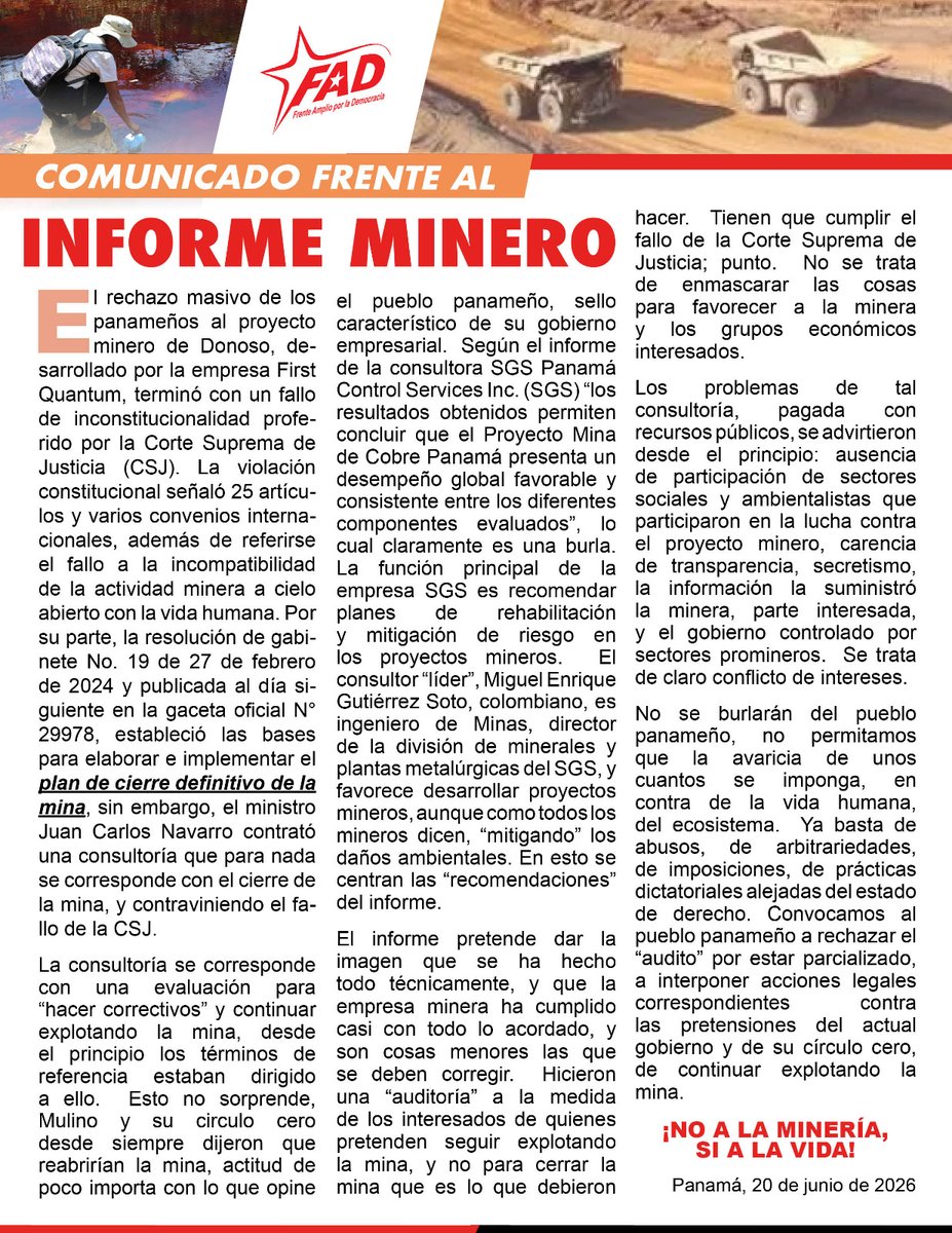 FadPanama's tweet photo. Nos pronunciamos ante el informe minero presentado por la empresa SGS.  No permitamos que se burlen del pueblo panameño,  no permitamos que la avaricia de unos cuantos se imponga... 
@ClaridadPanama1 @MICIPMA @TReporta @tvnnoticias @nexnoticias @radiopanama @MaribelGordonC_ https://t.co/FCi77DFWGc