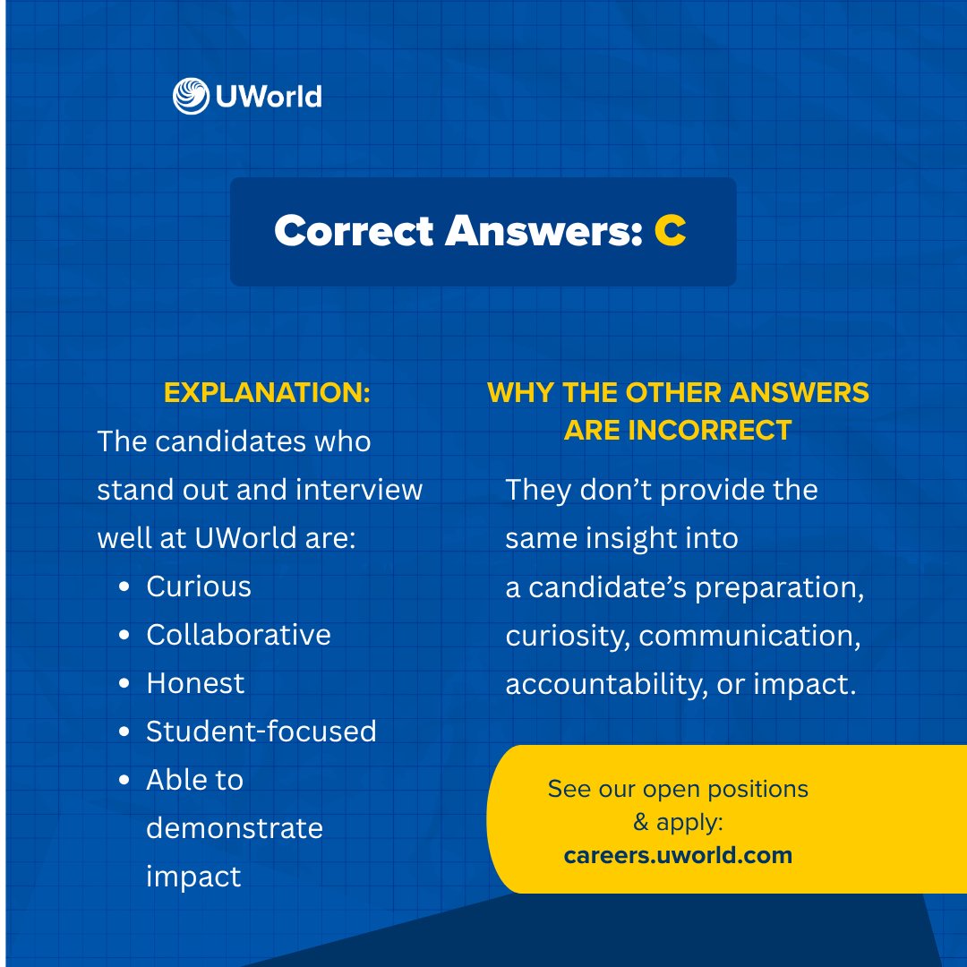 UWorld's tweet photo. Got a job interview with UWorld? Here are a few insights from our Director of Talent Acquisition.

👉 See more questions and hints on LinkedIn: https://t.co/Ehc4H4R30B

Which takeaway stood out to you most?👇

#Hiring #CareerAdvice #InterviewTips #Careers #TalentAcquisition https://t.co/U4HsupO1Uo