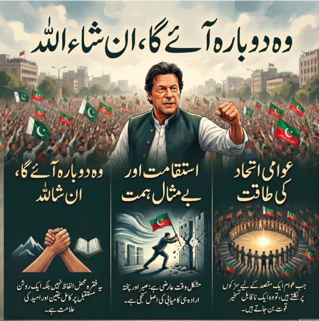 UKPTIOfficial's tweet photo. ایک پلان انسان بناتا ہے، اور ایک پلان اللہ تبارک و تعالیٰ بھی بناتا ہے، اور آخر میں اللہ کا پلان ہی کامیاب ہوتا ہے۔

وقت کے یزید نے اپنے غلاموں کے ساتھ مل کر یہ سمجھا کہ وہ عمران خان کو جیل میں نظر بند کرکے اپنا منصوبہ کامیاب بنا لیں گے، مگر دنیا گواہ ہے کہ جس دن سے عمران خان کو قید کیا گیا ہے، پاکستان میں پاکستانیوں نے ایک دن بھی چین و سکون کا سانس نہیں لیا۔

عمران خان قوم کی حقیقی آزادی کی خاطر جیل میں ہر ظلم و جبر سہہ رہا ہے۔ وہ حق اور سچ پر ہے اور ہار نہیں مان رہا، اسی لیے اللہ کی رحمت و برکت اس کے ساتھ ہے۔

پاکستانیوں! آپ ہمت نہ ہاریں، اپنے مؤقف پر ڈٹے رہیں، اپنے خان کے ساتھ کھڑے رہیں۔ ان شاء اللہ آپ کا لیڈر عمران خان ضرور واپس آئے گا۔

حق آئے گا اور چھا جائے گا، اور باطل ہمیشہ کے لیے مٹ جائے گا۔ بے شک باطل مٹنے کے لیے ہے۔

#ReleaseImranKhan
#PakistanUnderFascism