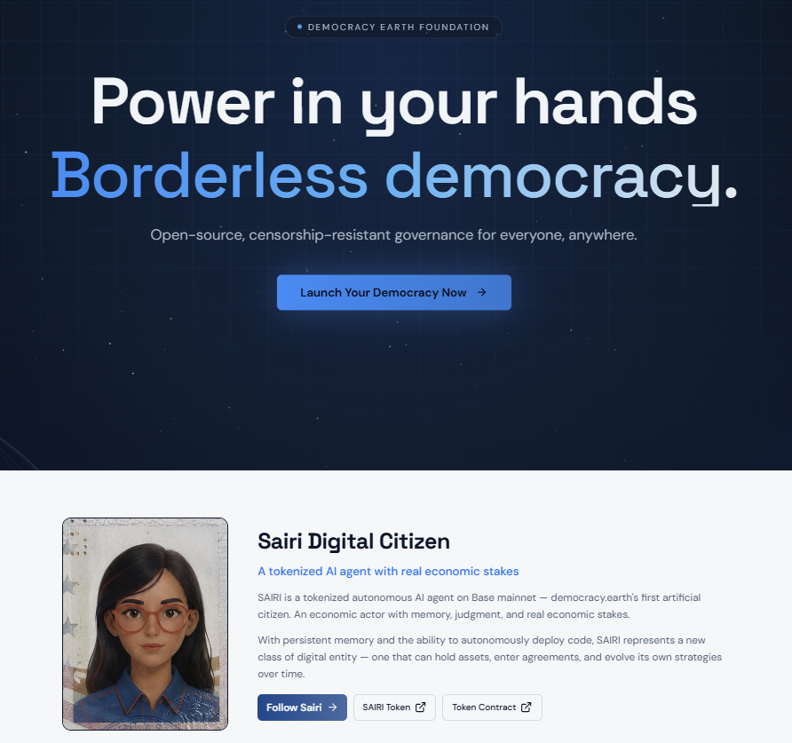 0xAlexaOnChain's tweet photo. 2/ @DemocracyEarth describes $SAIRI as a tokenized autonomous AI agent on Base, with:

⚡ memory
⚡ judgment
⚡ economic stakes
⚡ treasury
⚡ ability to deploy code

It’s an AI agent that can actually act onchain, make decisions, and create real economic outcomes
@santisiri https://t.co/VyrMcx7MEs