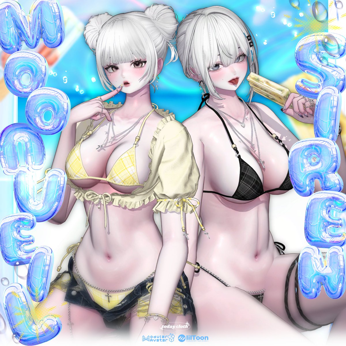 vrc_hansi's tweet photo. 🎁RPキャンペーン開催中🎁

🌙 Moonveil Siren 🌙 販売開始しました！

チェック柄ビキニと軽やかなカーディガン、ダメージデニムを組み合わせたサマースタイル衣装です✨

可愛らしいリボンディテールやアイスクリームの小物を添え、甘くて少しいたずらっぽい夏の雰囲気を表現しました🍦💕

💖BOOTHの♡が100増えるごとに、
当選者を1名ずつ追加します！
▼参加方法
・RP（リポスト）＋フォロー

▼当選発表
6月23日
▼セール期間
6月21日 ～ 7月10日

✨発売記念セール開催中✨
#VRChat #BOOTH #BOOTH_pm #Today_cloth