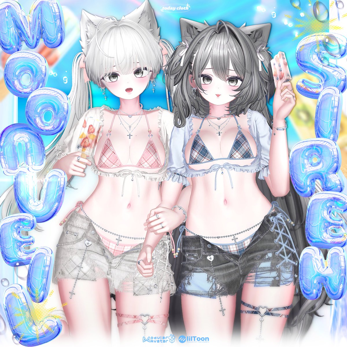 vrc_hansi's tweet photo. 🎁RPキャンペーン開催中🎁

🌙 Moonveil Siren 🌙 販売開始しました！

チェック柄ビキニと軽やかなカーディガン、ダメージデニムを組み合わせたサマースタイル衣装です✨

可愛らしいリボンディテールやアイスクリームの小物を添え、甘くて少しいたずらっぽい夏の雰囲気を表現しました🍦💕

💖BOOTHの♡が100増えるごとに、
当選者を1名ずつ追加します！
▼参加方法
・RP（リポスト）＋フォロー

▼当選発表
6月23日
▼セール期間
6月21日 ～ 7月10日

✨発売記念セール開催中✨
#VRChat #BOOTH #BOOTH_pm #Today_cloth