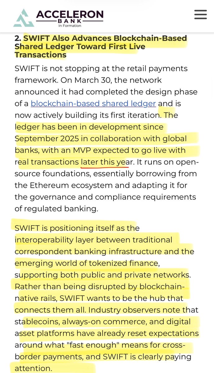 SMQKEDQG's tweet photo. CLARIFICATION ON JUNE 28TH AND SWIFT’S BLOCKCHAIN INITIATIVE:

SWIFT’s retail payments framework and its blockchain shared ledger are operating on two different timelines.☝️

The retail payments framework is scheduled to go live with 25+ banks by the end of June. 

This is the new rules-based system for cross-border payment corridors, providing greater transparency, traceability, and faster settlement across markets including India, the UK, the U.S., and Germany.🔑

The blockchain-based shared ledger is a separate initiative.🔒

SWIFT completed the design phase on March 30 and is now building the first iteration of the platform. ⏰

According to the reports, the MVP is expected to go live with real transactions later this year, not June.

Documented.📝👇