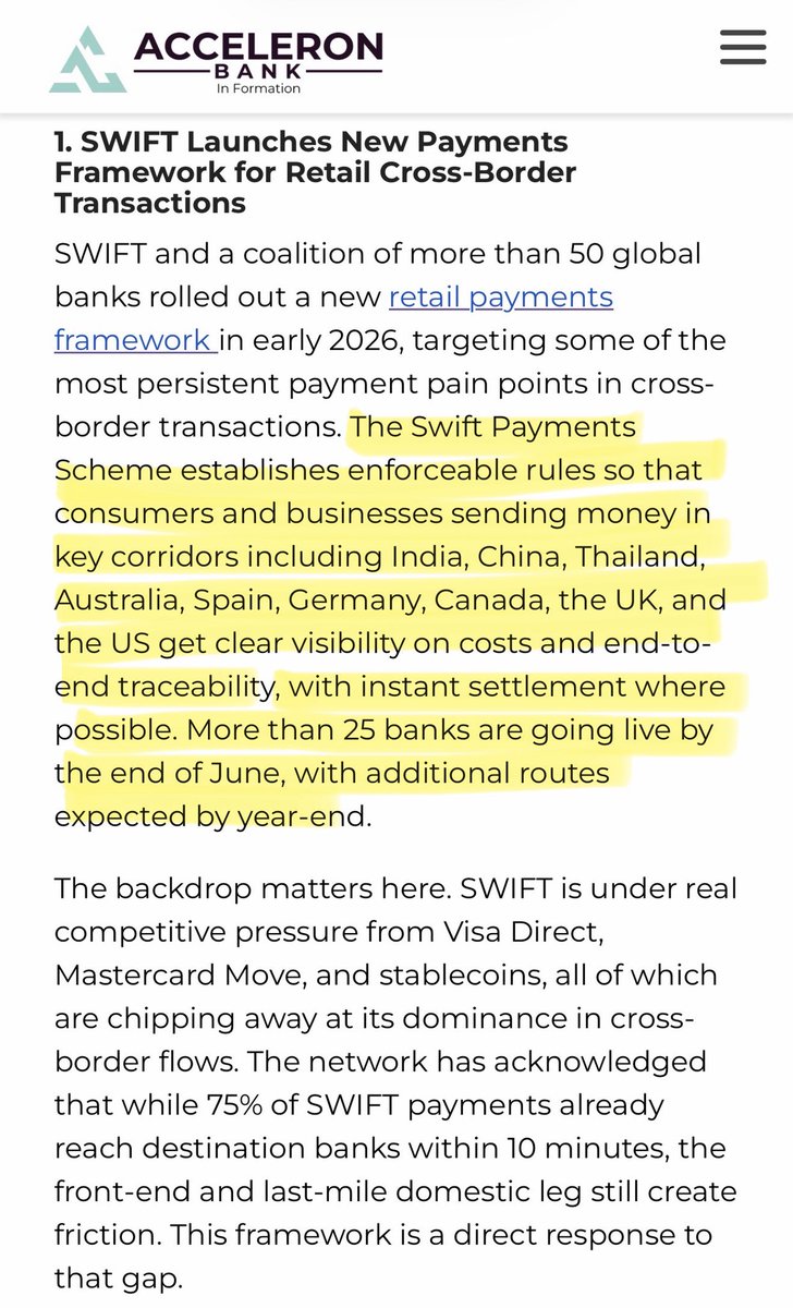 SMQKEDQG's tweet photo. CLARIFICATION ON JUNE 28TH AND SWIFT’S BLOCKCHAIN INITIATIVE:

SWIFT’s retail payments framework and its blockchain shared ledger are operating on two different timelines.☝️

The retail payments framework is scheduled to go live with 25+ banks by the end of June. 

This is the new rules-based system for cross-border payment corridors, providing greater transparency, traceability, and faster settlement across markets including India, the UK, the U.S., and Germany.🔑

The blockchain-based shared ledger is a separate initiative.🔒

SWIFT completed the design phase on March 30 and is now building the first iteration of the platform. ⏰

According to the reports, the MVP is expected to go live with real transactions later this year, not June.

Documented.📝👇