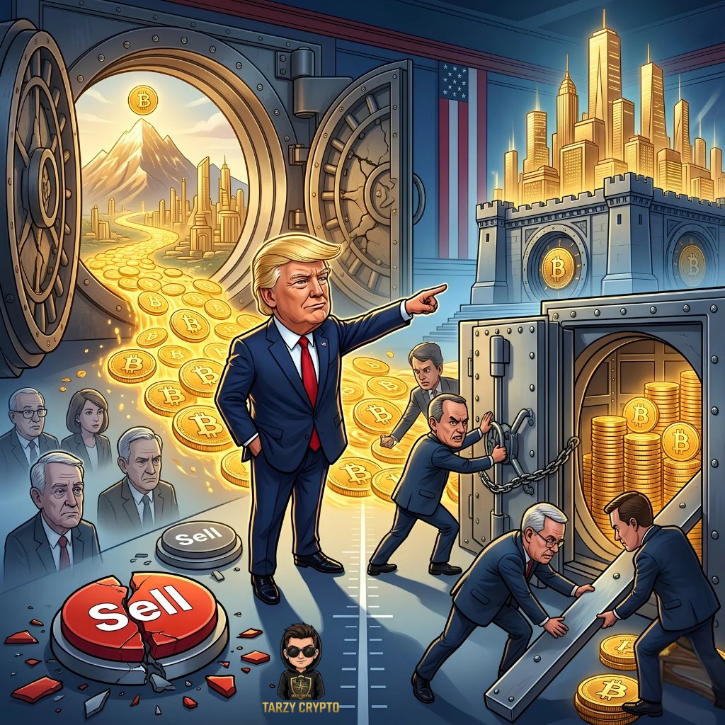 MOTARZY's tweet photo. "Never sell your Bitcoin." 

President Donald Trump criticizes the U.S. government for selling tens of thousands of $BTC in recent years, which would now be worth billions, and declares that from this day forward, America will follow the golden rule of crypto. 🇺🇸💸 https://t.co/87ngbp2Lb6
