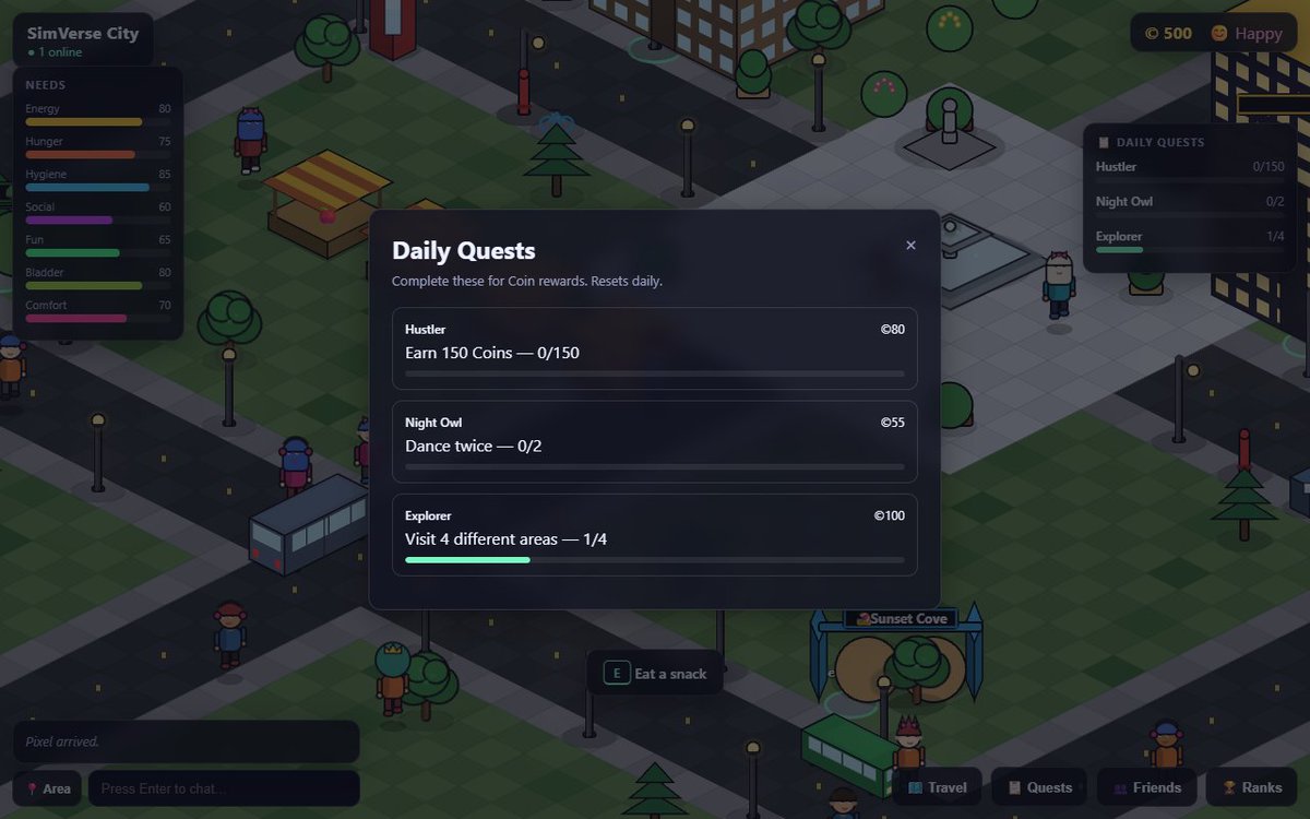 PlaySimVerse's tweet photo. SHOT 07
Daily quests, daily credits! Complete all the quest to climb in the leaderboard, $500 prize pool every 72 hours. 📋

Fresh goals drop every day work shifts, socialize, explore. Finish them for Coins and that sweet completion ding. https://t.co/LEJfeiczhY