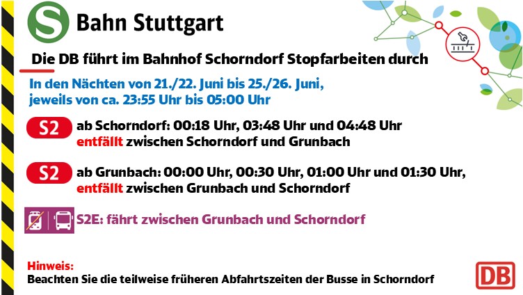SBahn_Stuttgart's tweet photo. 🚧 #Drandenken 🚧
In den Nächten von 21./22. Juni bis 25./26. Juni, führt die DB in #Schorndorf Stopfarbeiten durch.
Die Linie #S2 kann nicht wie gewohnt verkehren.
Details, auch zum #Ersatzverkehr mit Bussen #S2E
👉 https://t.co/zJL6ogeMMI https://t.co/Tkpm154rHv