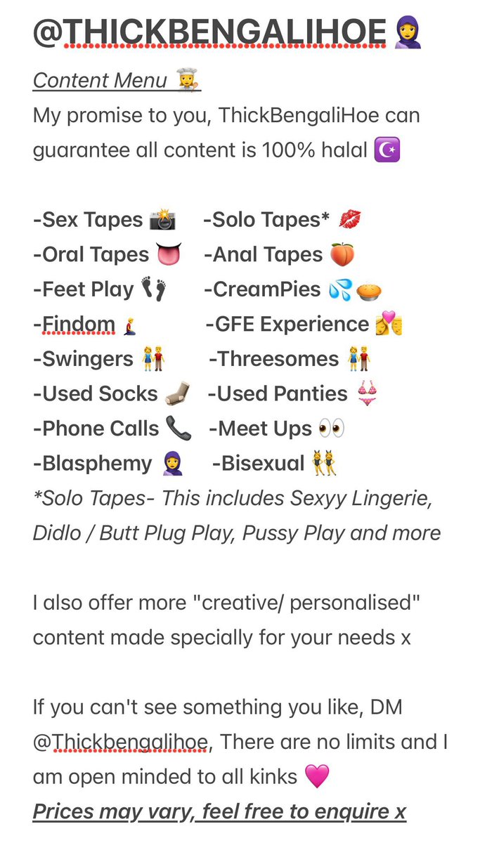 thickbengalihoe's tweet photo. everyone’s been asking for my menu so here you go 💋 #sellingcontent #hoejabi #bengali #paki #desi https://t.co/P0GsimTvrM