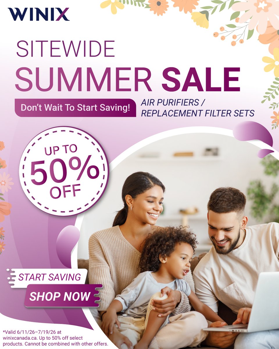 WinixCanada's tweet photo. Summer deals are already in the air ☀️🛍️
While others wait for Prime Day, our Summer Event is already live—up to 50% off sitewide on Winix air purifiers + replacement filters.
More time to shop, more ways to save—ends July 19th.
🛒 https://t.co/JG4i4m9Zfu
#Winix #SummerSale https://t.co/MixCHbSQwr