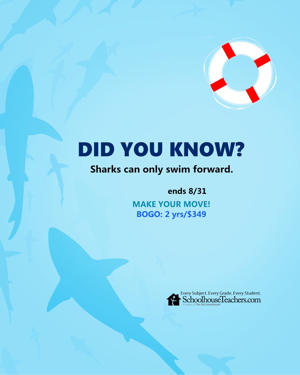 TOSMag's tweet photo. 🦈 Sharks can only swim forward.
Keep your homeschool moving forward with hundreds of courses and resources for the entire family.
⏰ Ends 8/31
 BOGO: 2 Years for $349
https://t.co/0UKrUTwc96 https://t.co/qggFVoFwDC