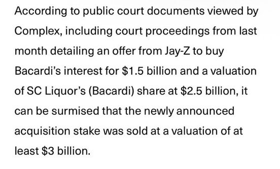 TheRocSupremacy's tweet photo. In late 2022, JAY-Z & Bacardi entered renegotiation talks about their spirits line, D’usse. 

Jay owned 50% & Bacardi owned 50%. 

Bacardi offered Jay $500 million for his 50%. 

Jay was offended and offered to buy Bacardi’s 50% for $1.5 Billion. 

The talks became so tense, JAY-Z SUED Bacardi. 

A forensic report revealed that D’usse was actually worth more than $3 billion. Afterwards, they reached a new deal that included Jay selling 26% of his 50% for an undisclosed amount. Some reports say $750 million. Some say a lot more. 

Either way, Bacardi was trying to play with his money & he sued them to prove it.