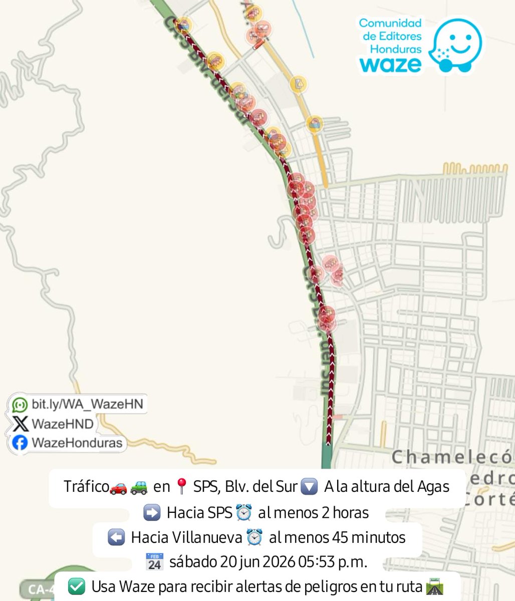 WazeHND's tweet photo. #Trafico🚗🚙 en 📍#SPS, Blv. del Sur 🔽 A la altura del #AGAS 
➡️ Hacia #SPS ⏰ al menos 2 horas 
⬅️ Hacia #Villanueva ⏰ al menos 45 minutos 
✅ Usa #Waze para recibir #alertas de peligros en tu #ruta 🛣️

👉 Síguenos en redes sociales https://t.co/IAM8rj0Tep https://t.co/bGHwtQKuAU